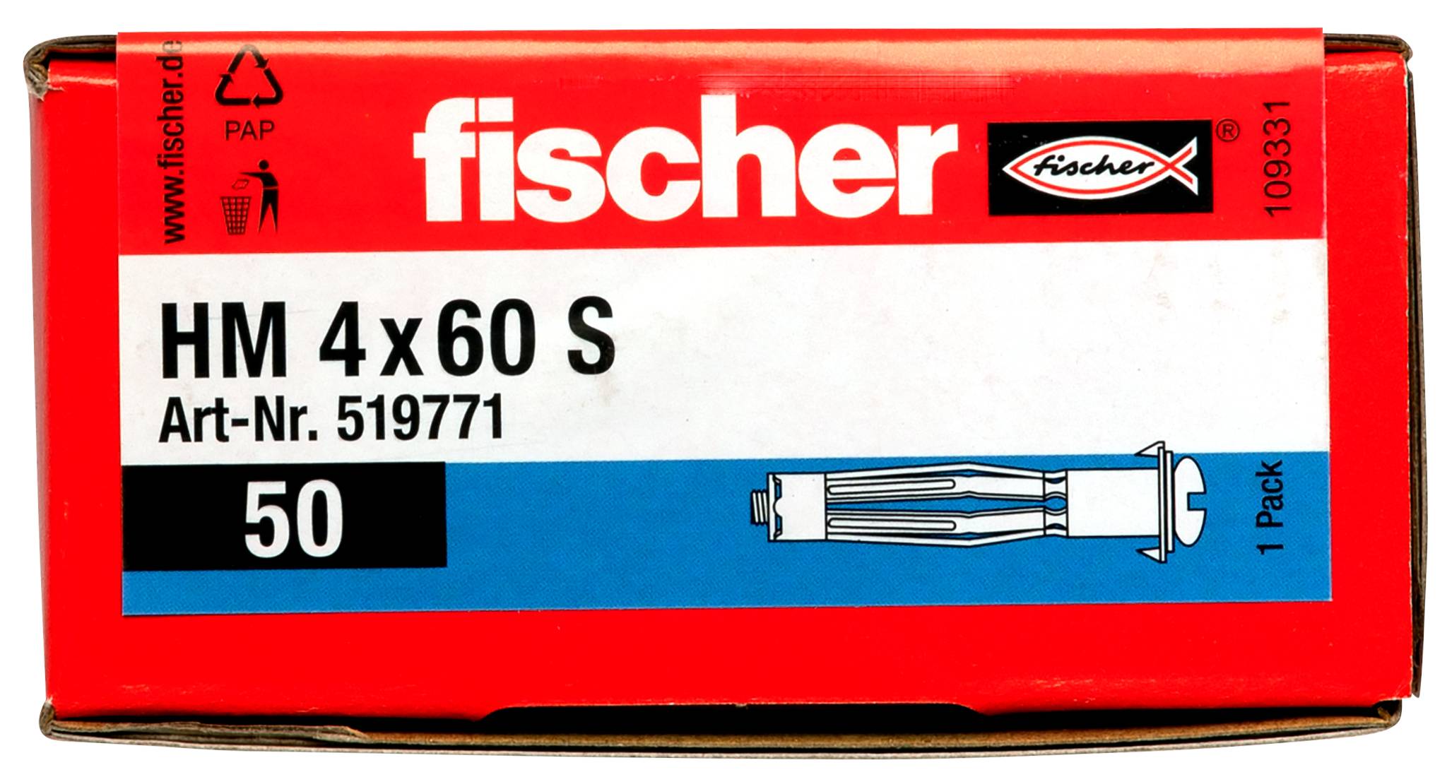 Scatola di prodotto Red Fischer etichettata 'HM 4 x 60 S' e 'Art-Nr. 519771', confezione di 50 tasselli per parete.