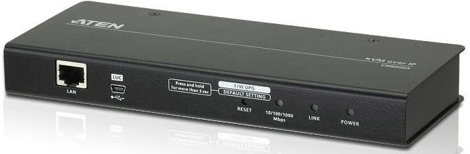 Dispositivo di rete nero con porta LAN, porta USB, pulsante di reset e indicatori LED per stato e velocità. Nome del marchio in alto a sinistra.