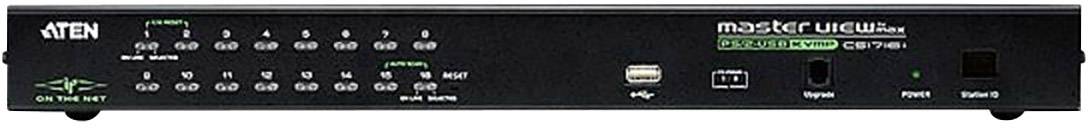 Switch KVM Aten con pannello di controllo e LED per gestire le connessioni dei computer, con porte USB e di rete sul frontale.