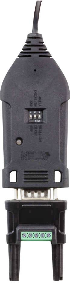 Adattatore USB nero con cavo e morsetti verdi per connessioni elettriche, idoneo per il trasferimento dati.