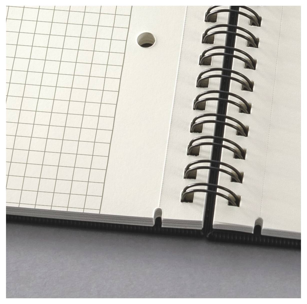 Primo piano di un quaderno a spirale aperto con carta millimetrata sulla pagina sinistra e carta bianca rigata sulla destra.