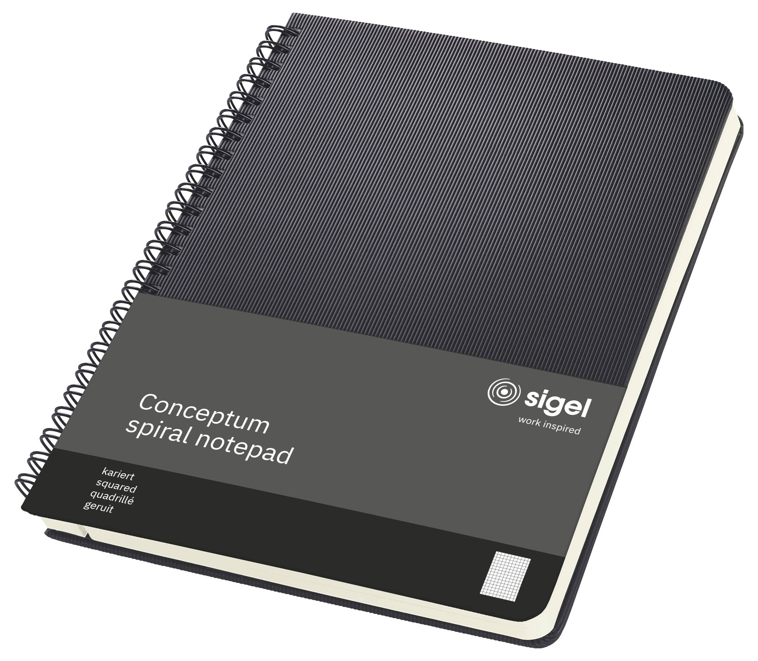 Bloc notes a spirale nero etichettato 'Conceptum spiral notepad' con logo Sigel sulla copertina.