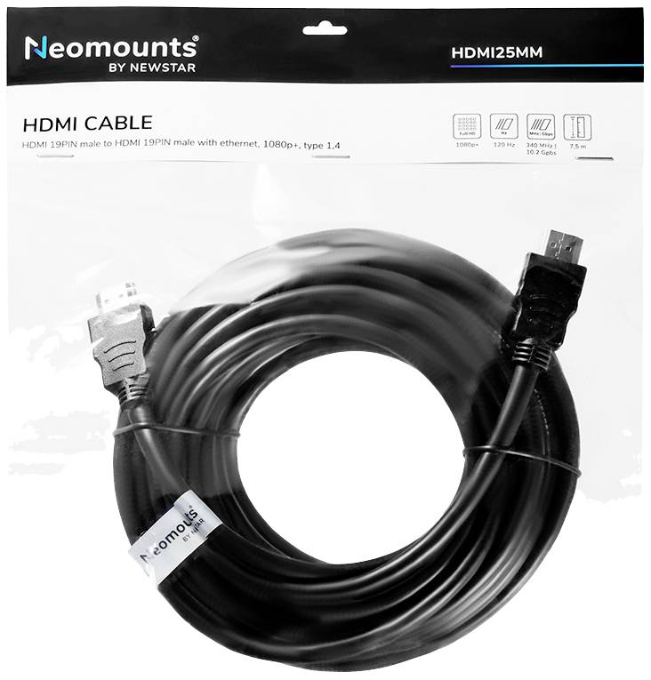 Confezione di un cavo HDMI di Neomounts by NewStar. 'HDMI 19PIN maschio a HDMI 19PIN maschio con ethernet, 1080p+, tipo 1.4'.