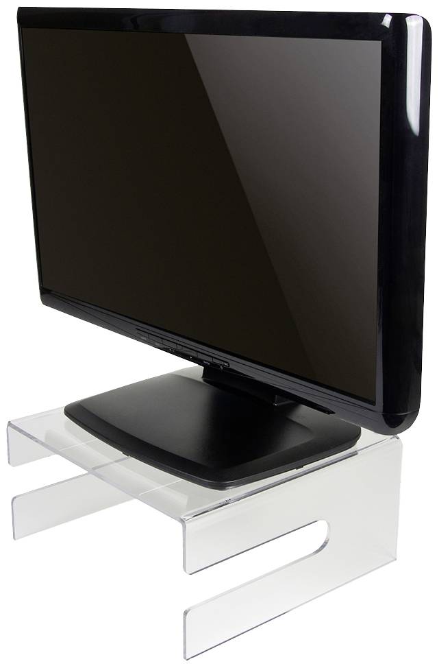 Un monitor piatto è posizionato su un supporto per monitor trasparente dal design minimalista.