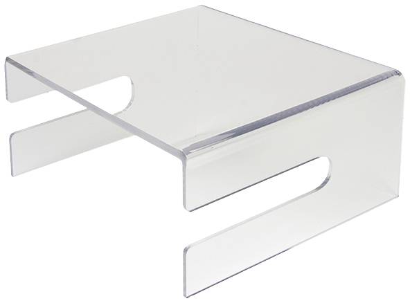 Un supporto per laptop trasparente, rettangolare, realizzato in acrilico con un bordo rialzato per migliorare l'aerazione e la stabilità.