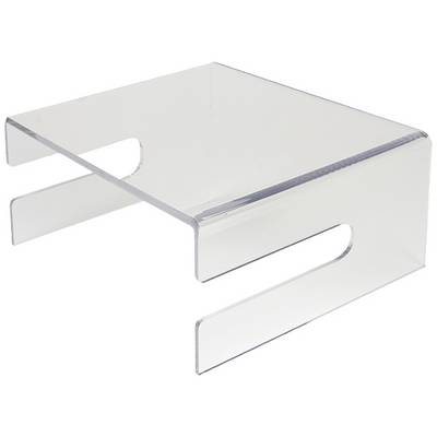 Un supporto per laptop trasparente, rettangolare, realizzato in acrilico con un bordo rialzato per migliorare l'aerazione e la stabilità.