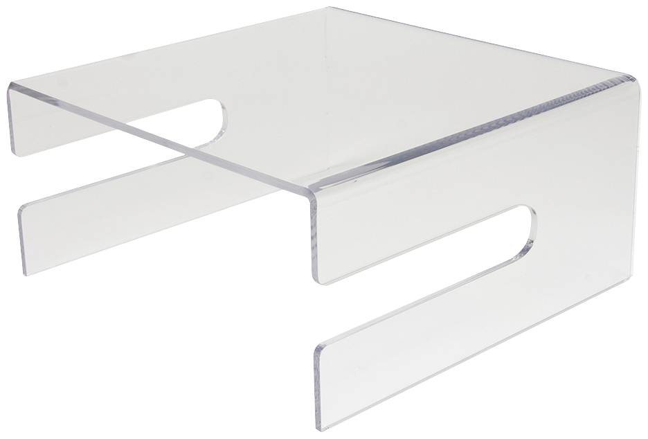 Supporto espositivo in acrilico trasparente a forma di U, utilizzato come rialzo per scaffali o supporto per monitor, per ottimizzare lo spazio e organizzare gli oggetti.