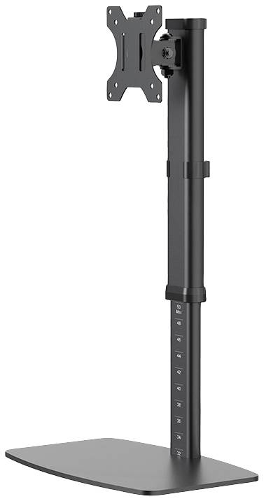 Supporto da tavolo per monitor in metallo, nero, con altezza regolabile; compatibile con attacchi VESA, adatto per schermi piatti.