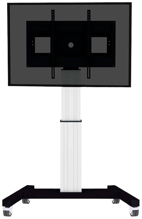 Un supporto TV mobile con ruote e supporto regolabile in altezza, adatto per schermi di grandi dimensioni.