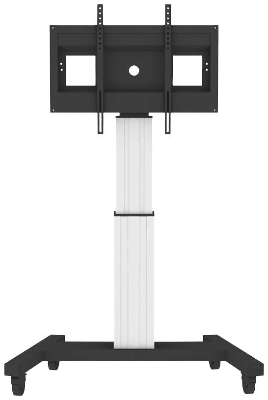 Un supporto TV mobile con ruote e supporto regolabile in altezza per schermi. Design robusto in nero e bianco.