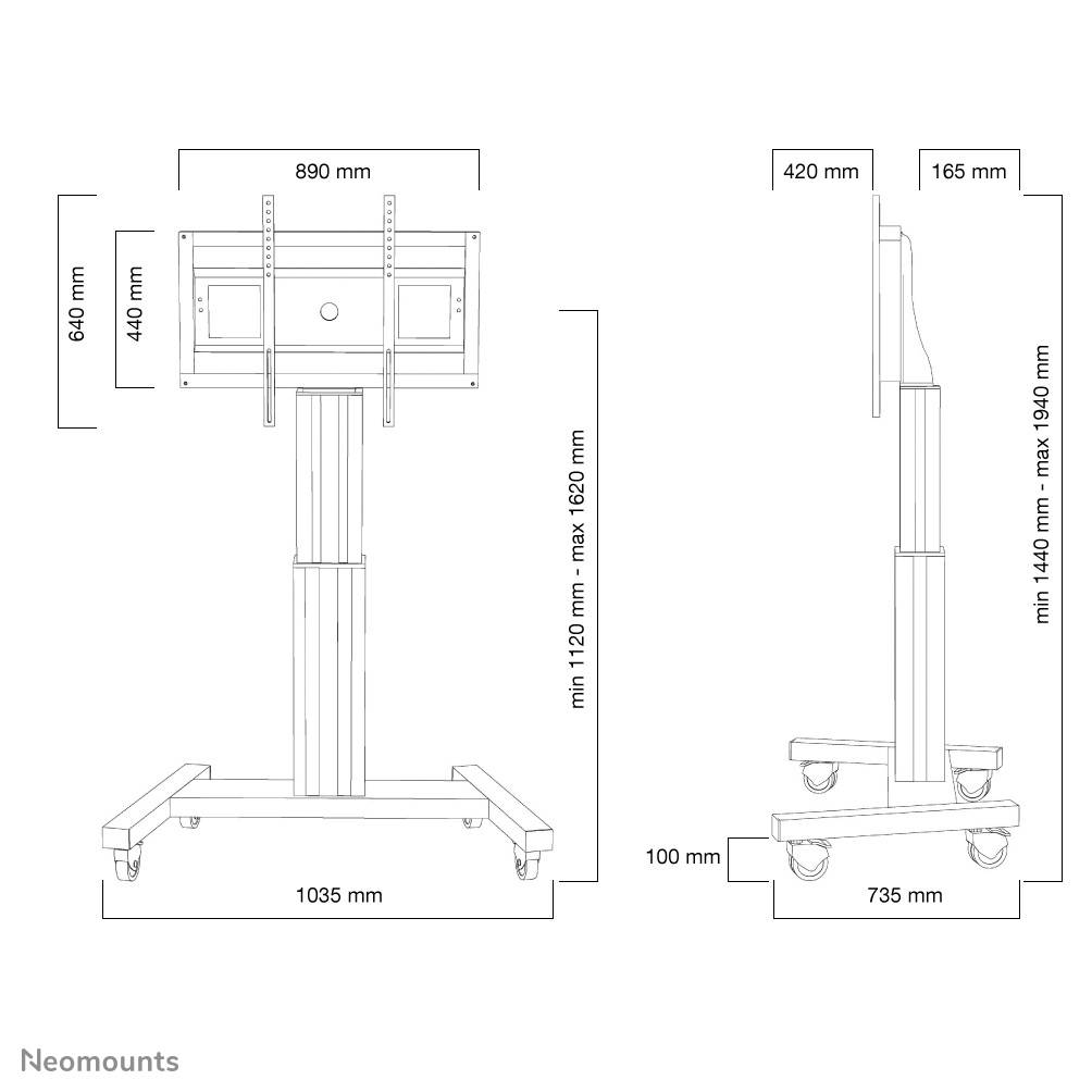Disegno tecnico di un carrello mobile per TV con misure in millimetri; larghezza 1035, altezza 1440-1890, larghezza schermo 890, profondità 735.