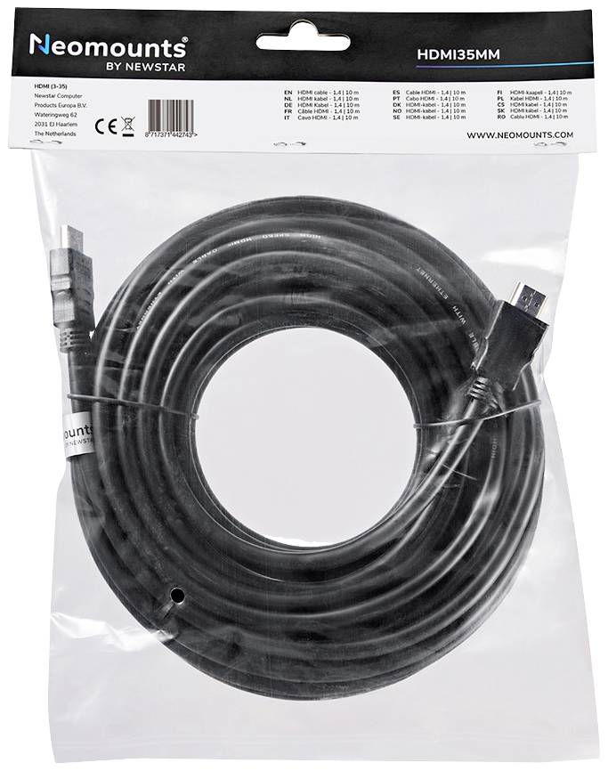 'Cavo HDMI Neomounts in confezione, lungo 15 metri, nero, con stampa del marchio sulla linguetta superiore.'