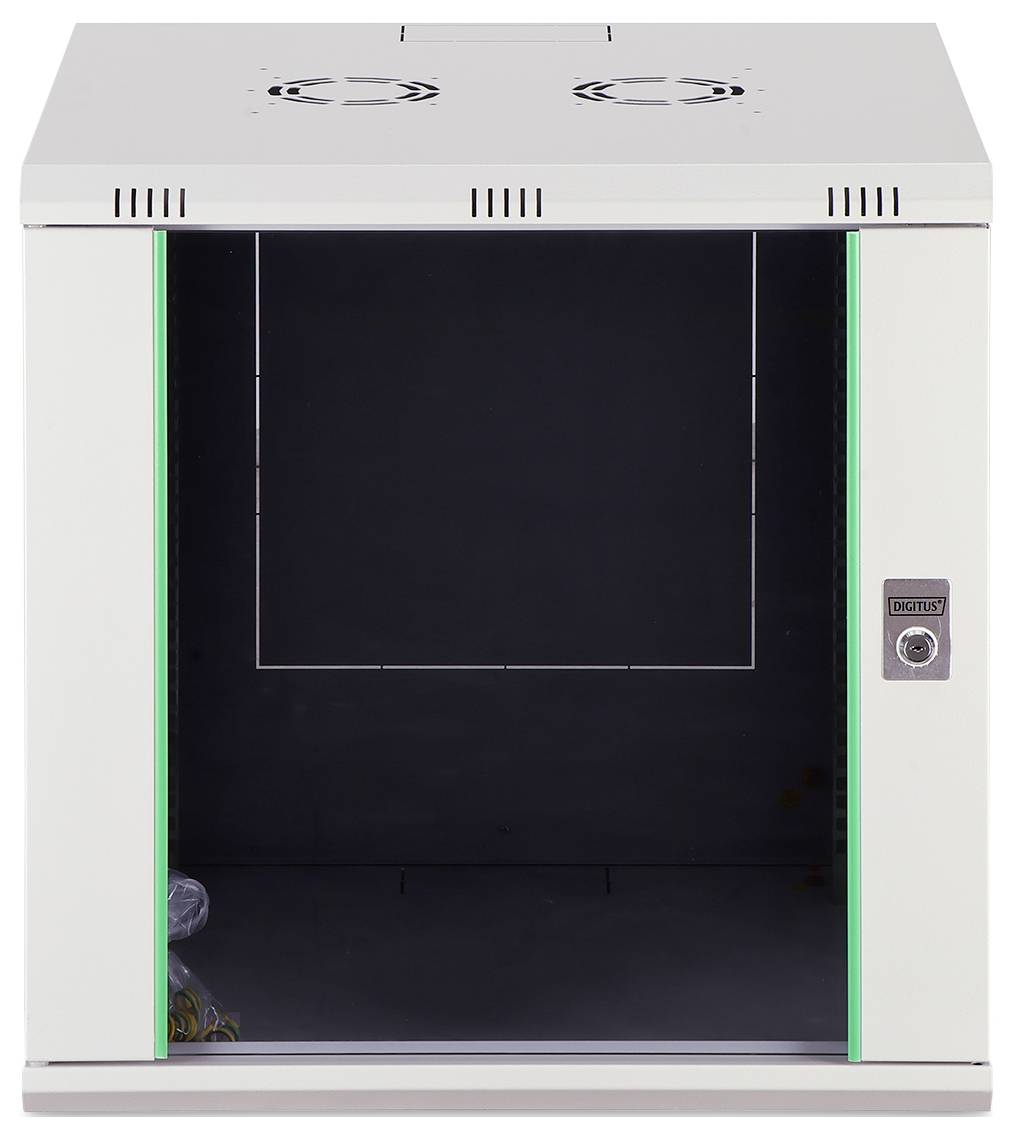 Un armadio server bianco, vuoto, con porta in vetro, esterno in metallo, ventole di raffreddamento sulla parte superiore e un lucchetto sul davanti, raffigurato su uno sfondo neutro.