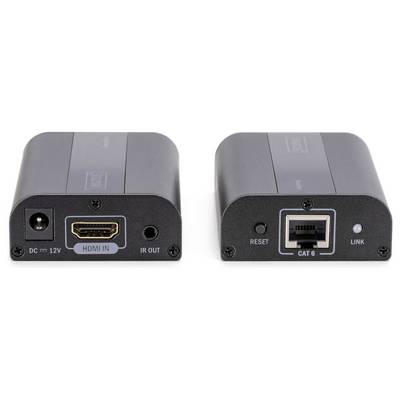 Due dispositivi elettronici: a sinistra con connettore HDMI e alimentazione, a destra con connettore di rete e pulsante di reset.