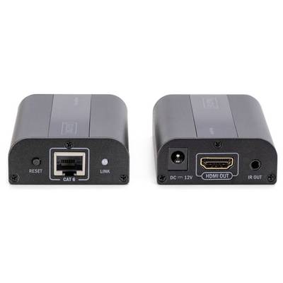 Due dispositivi mostrano il lato anteriore e posteriore: a sinistra un ingresso Ethernet CAT6, a destra un'uscita HDMI con connessione per l'alimentazione.