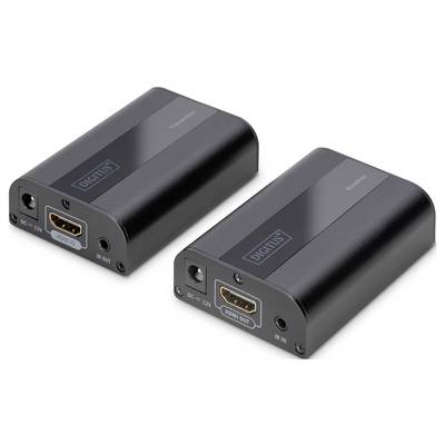 Due estensori HDMI neri con porte per 'DC 12V', 'HDMI IN' e 'HDMI OUT'. Consentono di prolungare i segnali HDMI.
