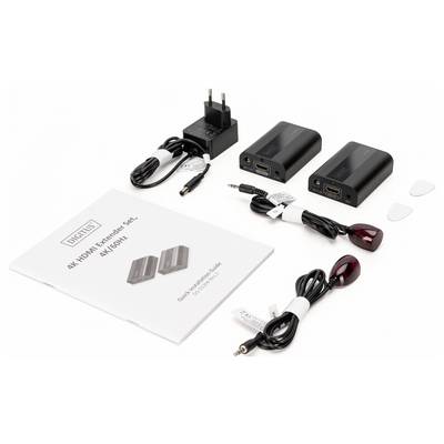 Un set di estensori HDMI con istruzioni, due dispositivi neri, alimentatore, due ricevitori a infrarossi e due cavi.