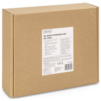 Cartone marrone con etichetta per la descrizione di un set Extender HDMI 4K. L'etichetta contiene specifiche tecniche del prodotto e marchio CE.