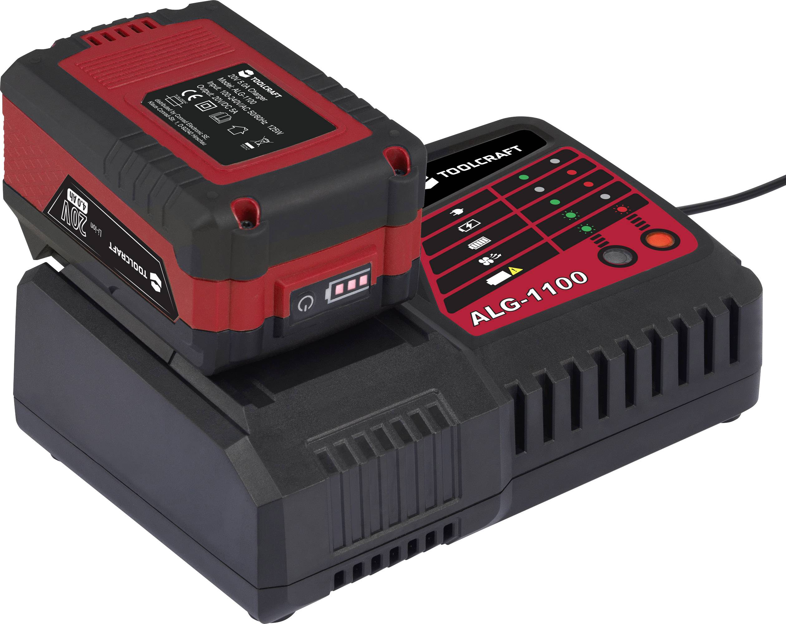 Caricabatterie con batteria sulla stazione di ricarica, display digitale che mostra lo stato di carica, design nero e rosso con denominazione del modello 'ALG-1100'.
