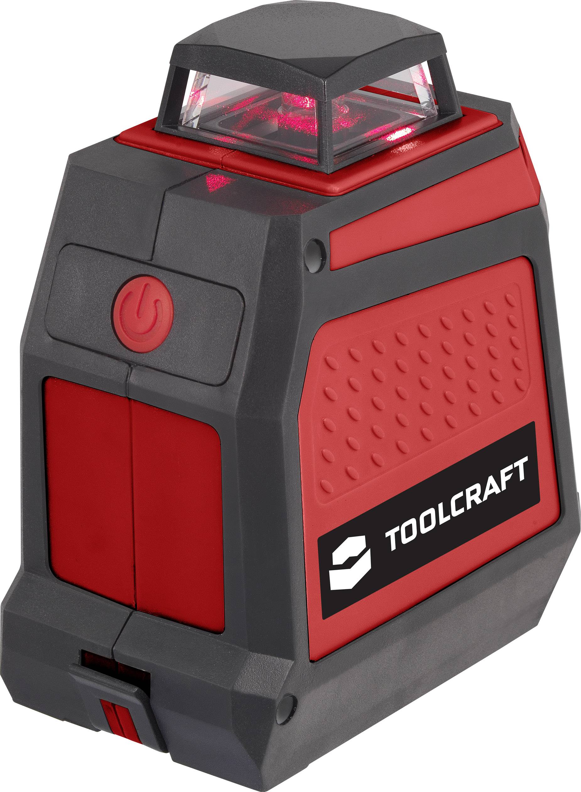 Livella laser in custodia rosso-nera con pulsante di accensione/spegnimento in alto. Marchio 'TOOLCRAFT' sul lato.