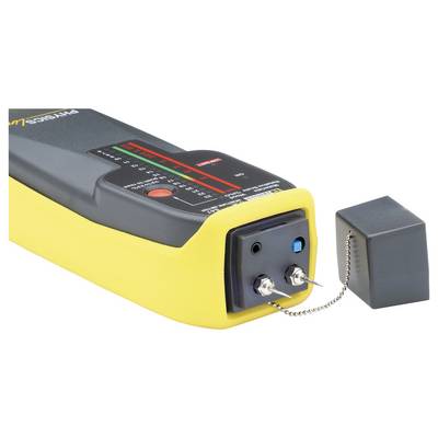 Misuratore di umidità con custodia gialla e display LED a due colori. Due punte metalliche sul davanti per misurare l'umidità.