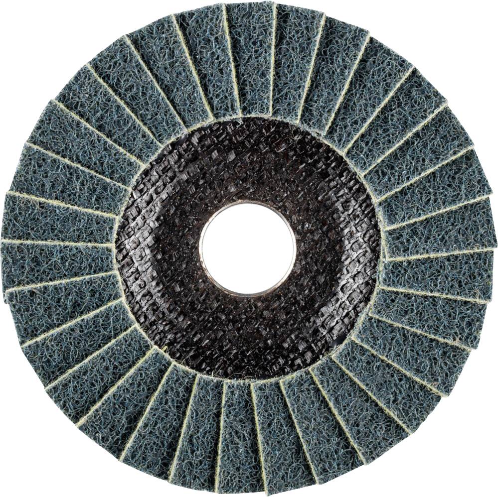 Disco abrasiva con lamelle blu e foro centrale, utilizzata per la lavorazione superficiale e l'asportazione di materiale.