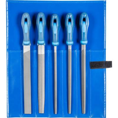 Cinque lime diverse con manici blu in un astuccio blu, ordinate per dimensione da sinistra a destra. Adatte per la lavorazione dei metalli.