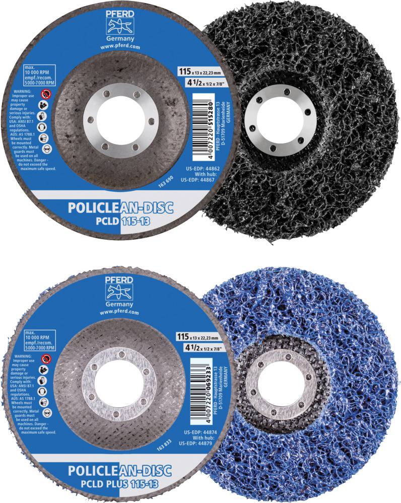 Due dischi PFERD Policlean in grigio e blu affiancati. Il disco grigio è per la pulizia grossolana, quello blu per lavori più delicati.