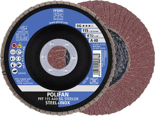 PFERD TOOLS 67604115 A Sg Steelox Disco con falde Diametro 115 mm Ø foro 22.23 mm Dimensione dei grani 40  10 pz.