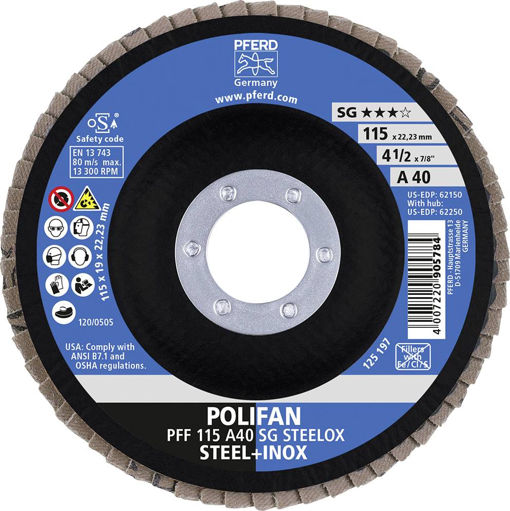 Disco abrasivo 'POLIFAN PFF 115 A40 SG STEELOX' di PFERD, diametro 115 mm, per la lavorazione di acciaio e acciaio inossidabile, velocità: 13.300 giri/min.