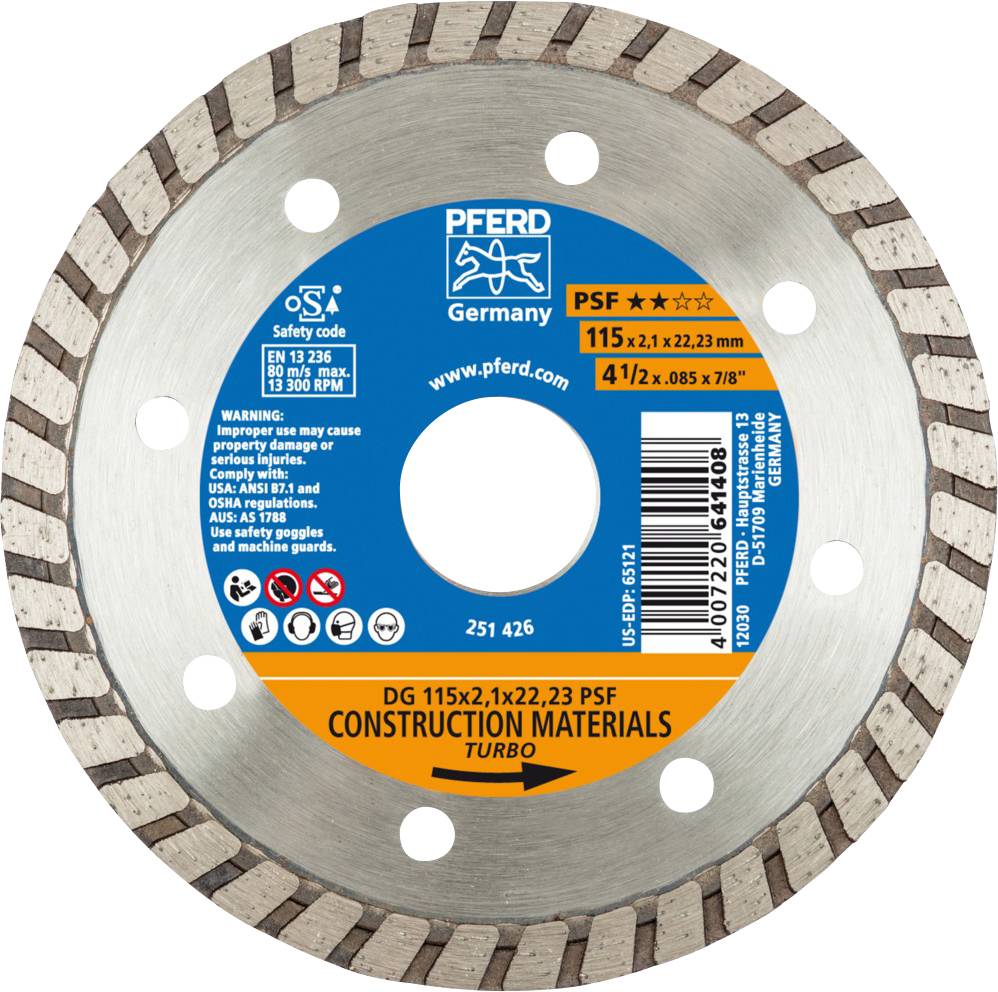 'PFERD Germania' Disco da taglio per materiali edili, diametro 115 mm, saldato a impulsi, design Turbo per un taglio rapido.