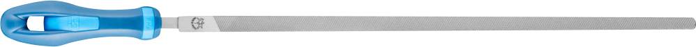 Un lima con un manico blu è posizionata orizzontalmente; ha una superficie lunga, stretta e metallica.