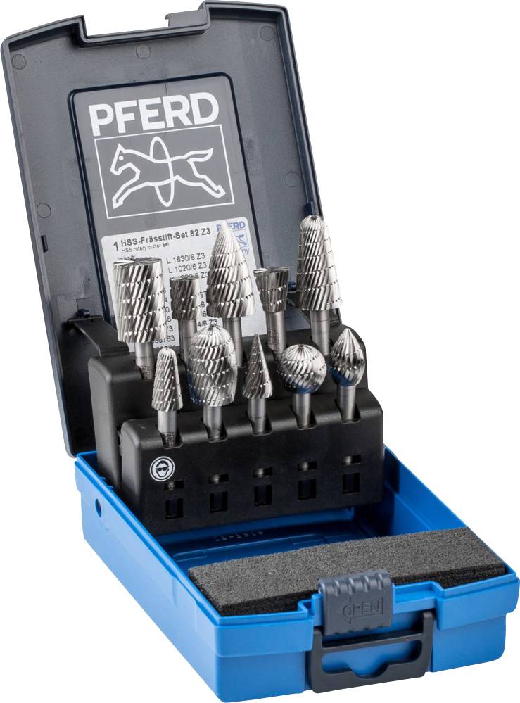 Un set aperto di frese in un contenitore blu con forme diverse, prodotto dal marchio 'Pferd', mostrato chiaramente.