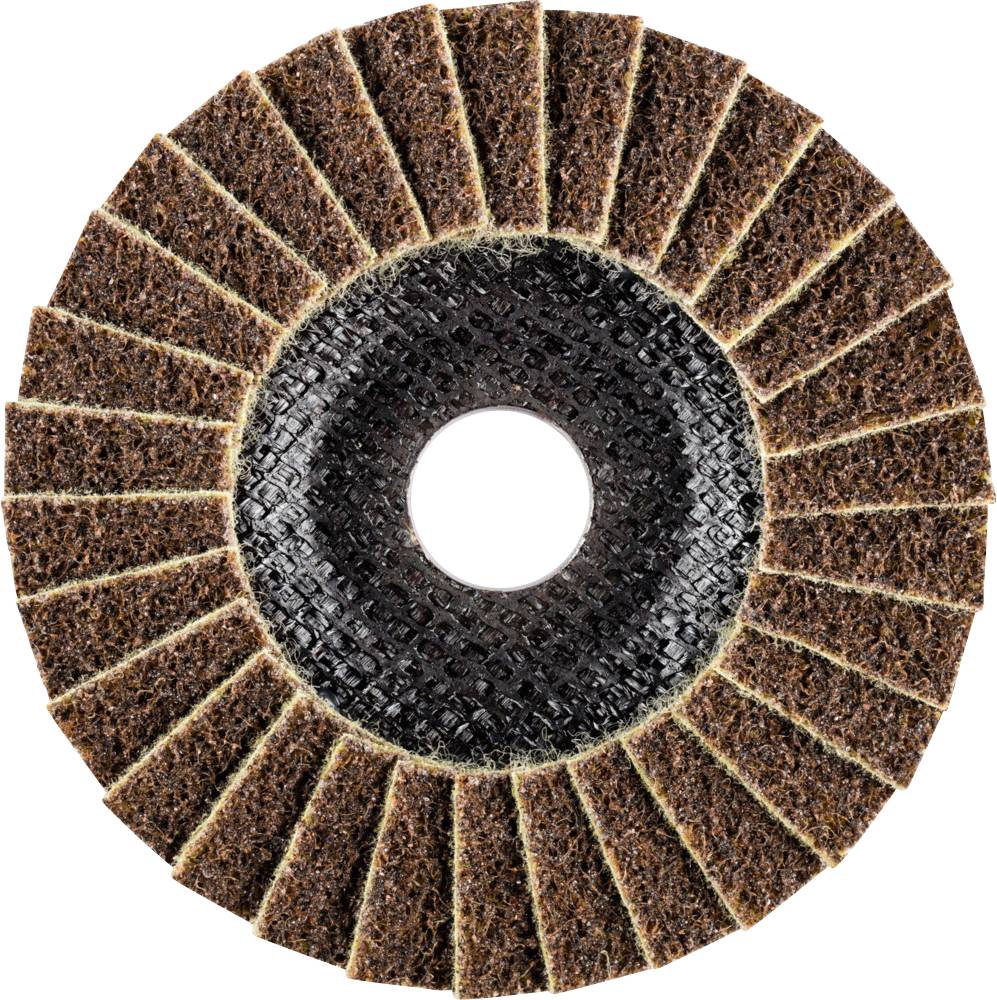 Disco abrasiva circolare con più lamelle abrasive disposte radialmente, con foro centrale, adatta per la lavorazione superficiale e l'asportazione di materiale.