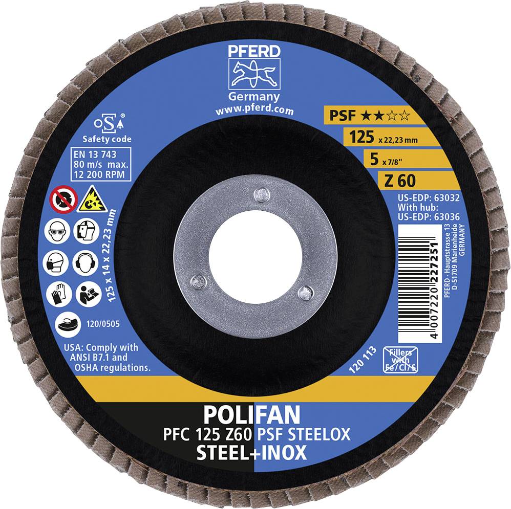 'PFERD POLIFAN PFC 125 Z60 PSF STEELOX' Disco abrasivo per acciaio e acciaio inossidabile. Diametro 125 mm, spessore 22,23 mm, velocità massima 12.200 giri/min.