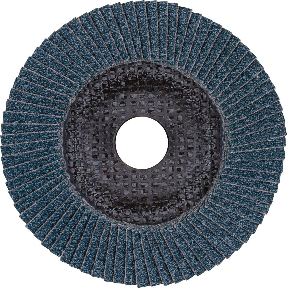 'Disco abrasiva con tessuto abrasivo blu-verde, forma circolare, foro centrale, adatta per lavori di levigatura su metallo o legno.'