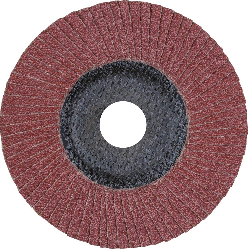 Disco abrasiva in carta vetrata rosso-marrone con centro nero, con lamelle radiali per la lavorazione dei metalli.
