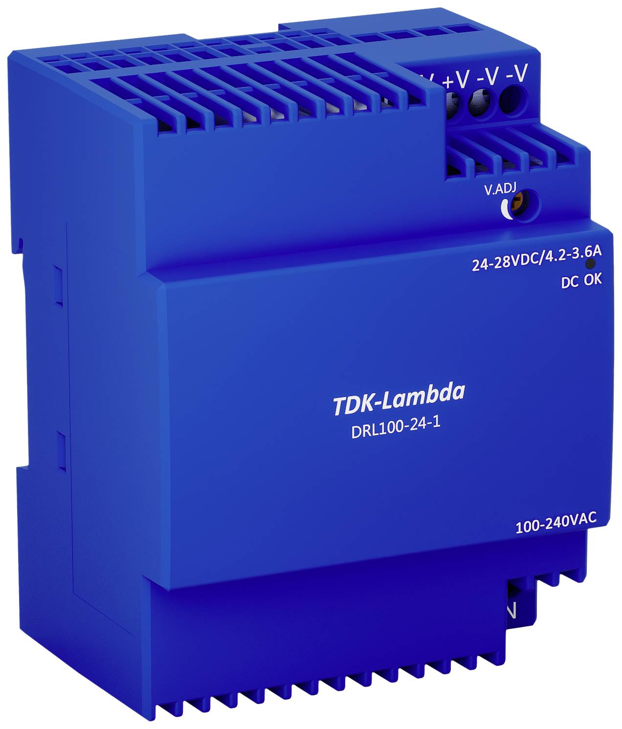 Un alimentatore switching blu del marchio TDK-Lambda, modello DRL100-24-1, idoneo per tensioni di ingresso da 100-240VAC e uscita a 24-28VDC.