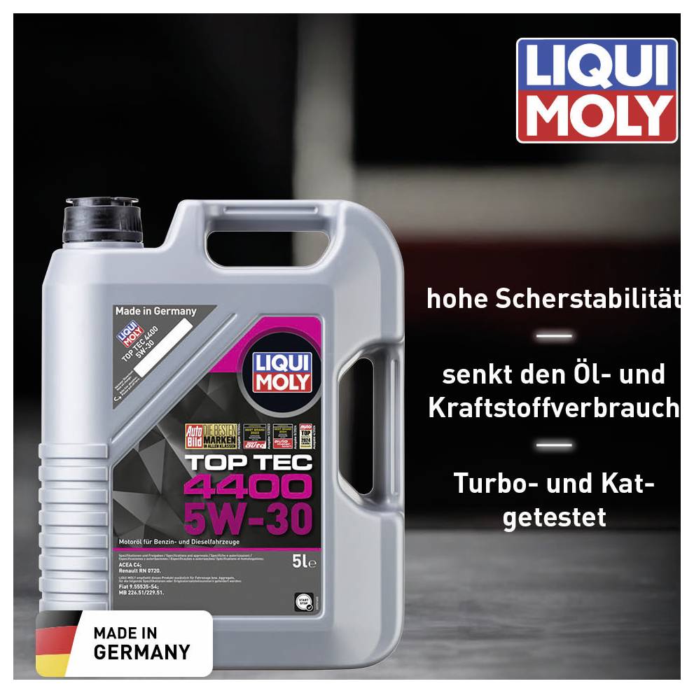 Tanica di olio motore 'Liqui Moly Top Tec 4400 5W-30, 5L'. Il testo enfatizza l'elevata stabilità di taglio, riduce il consumo, testato per turbo e catalizzatore. Fatto in Germania.
