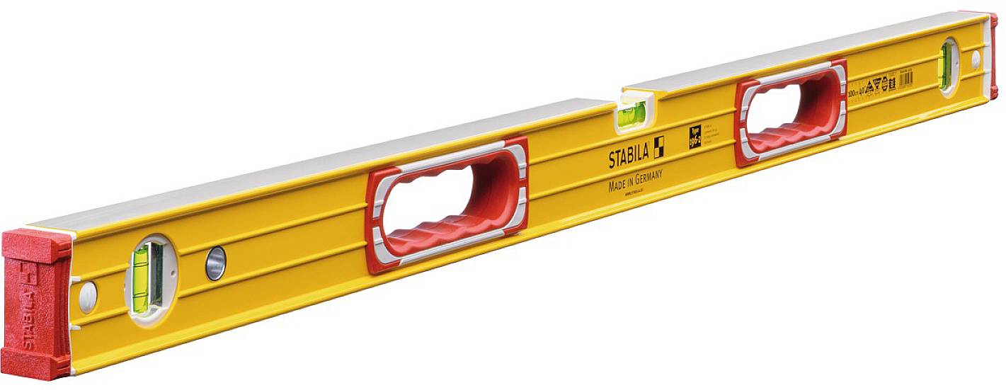 Livella in giallo brillante con impugnature rosse e due bolle per misurare l'allineamento verticale e orizzontale.