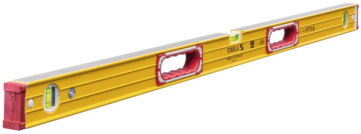 Un livello a bolla giallo con tre bolle, impugnature rosse e una scala sulla parte superiore, utilizzato per misurare la planarità.