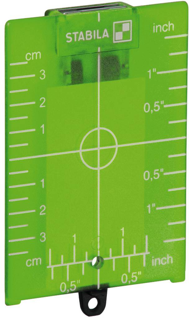 Bersaglio laser verde con misure in centimetri e pollici, con marcatura centrale del punto di mira. Contrassegna le distanze per misurazioni laser precise.