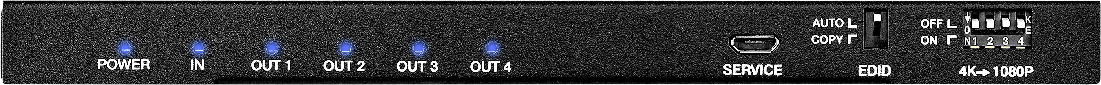 Pannello frontale nero di un dispositivo elettronico con indicatori LED per Power, IN, OUT1 fino a OUT4, connettore HDMI e interruttori per Auto, Copy, EDID.
