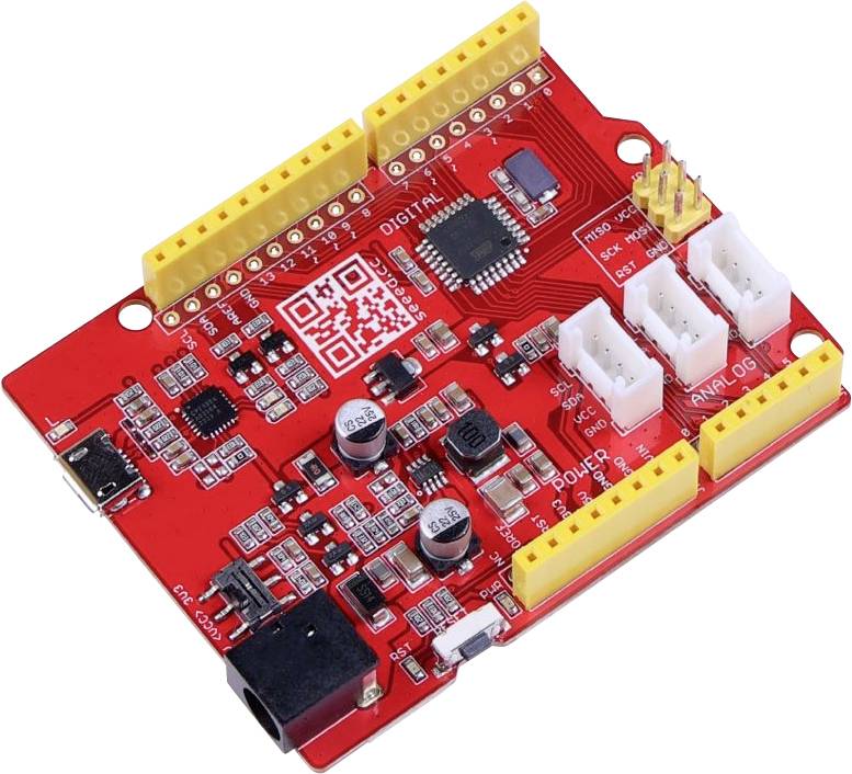 Una scheda elettronica rossa con barre di connessione gialle e connettori bianchi. Contiene componenti elettronici come resistori e condensatori.