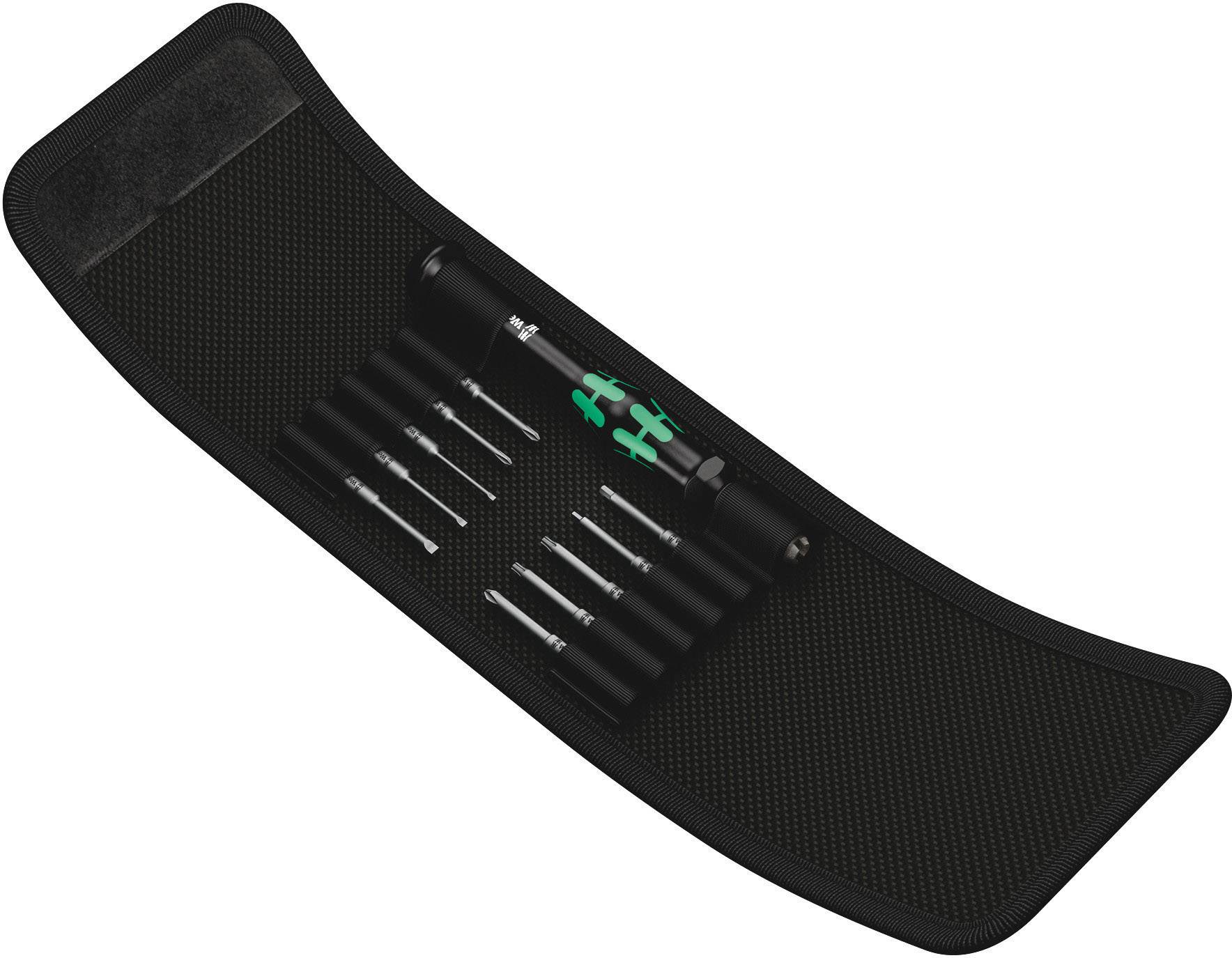 Un set di utensili con più punte per cacciavite e un manico in un astuccio arrotolato. Perfetto per riparazioni precise.