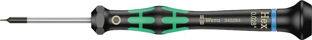 Cacciavite con impugnatura verde e nera e punta sottile, accanto a un'etichetta 'Hex 0.028'. Ideale per lavori di precisione.