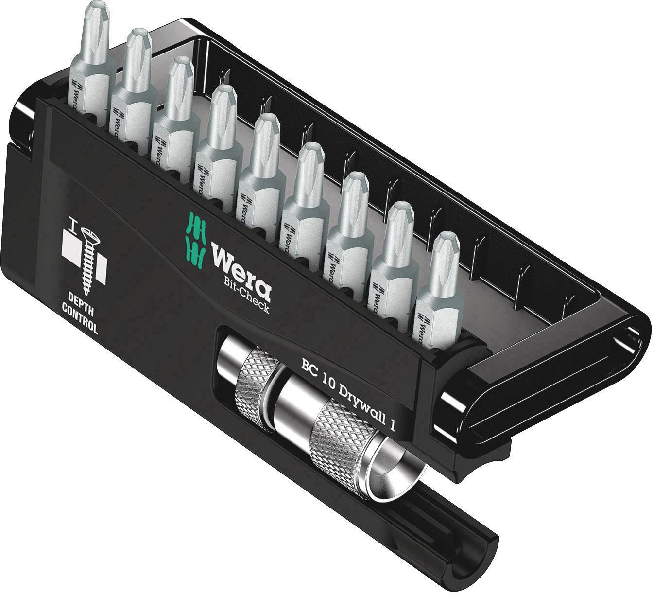 Set di bit neri di Wera con diversi bit per cartongesso, disposti in un supporto compatto.