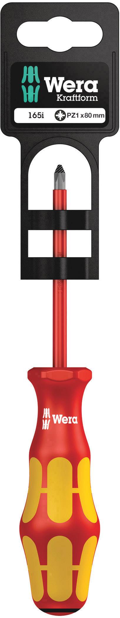 Cacciavite Wera con impugnatura rossa e gialla. Adatto per viti a croce, misura PZ1 x 80 mm.