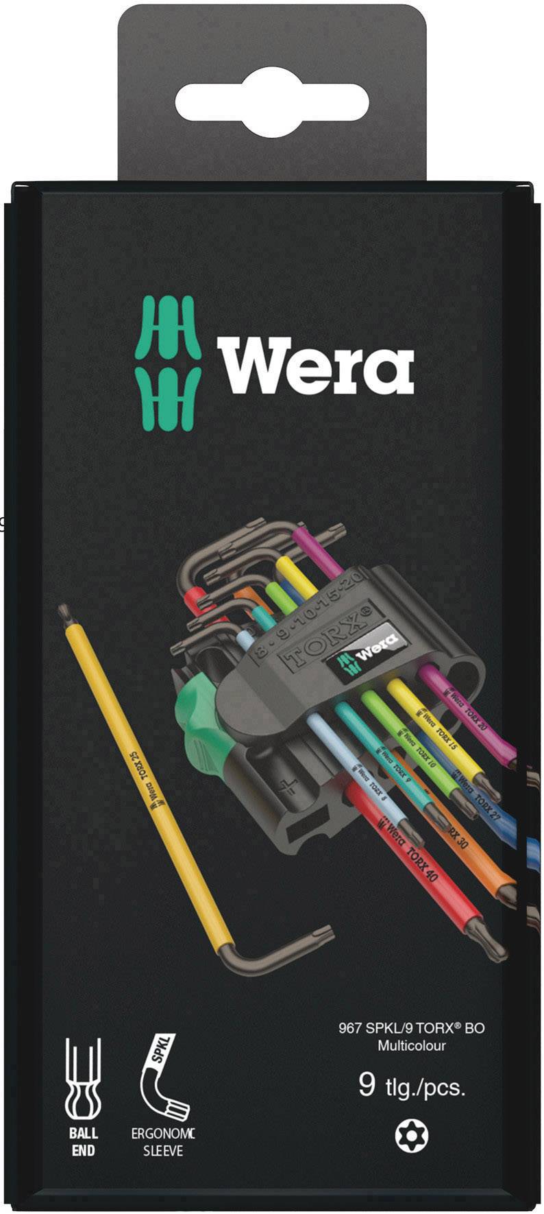 Confezione di un set di chiavi a brugola Wera a 9 pezzi in diversi colori, con supporto e design a sfera terminale.