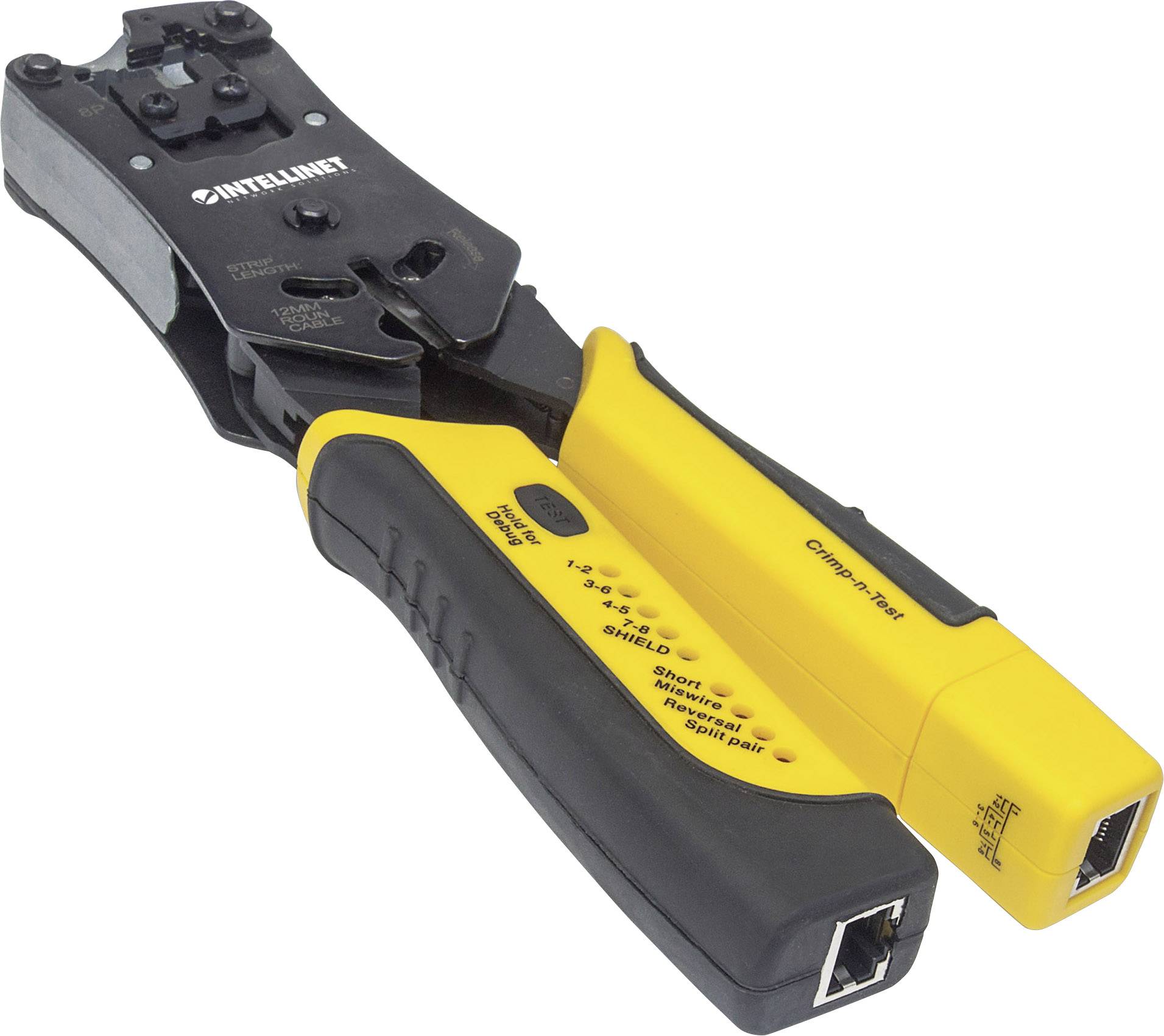 Pinza crimpatrice per rete con impugnature gialle e nere, adatta per la crimpatura di connettori RJ45.